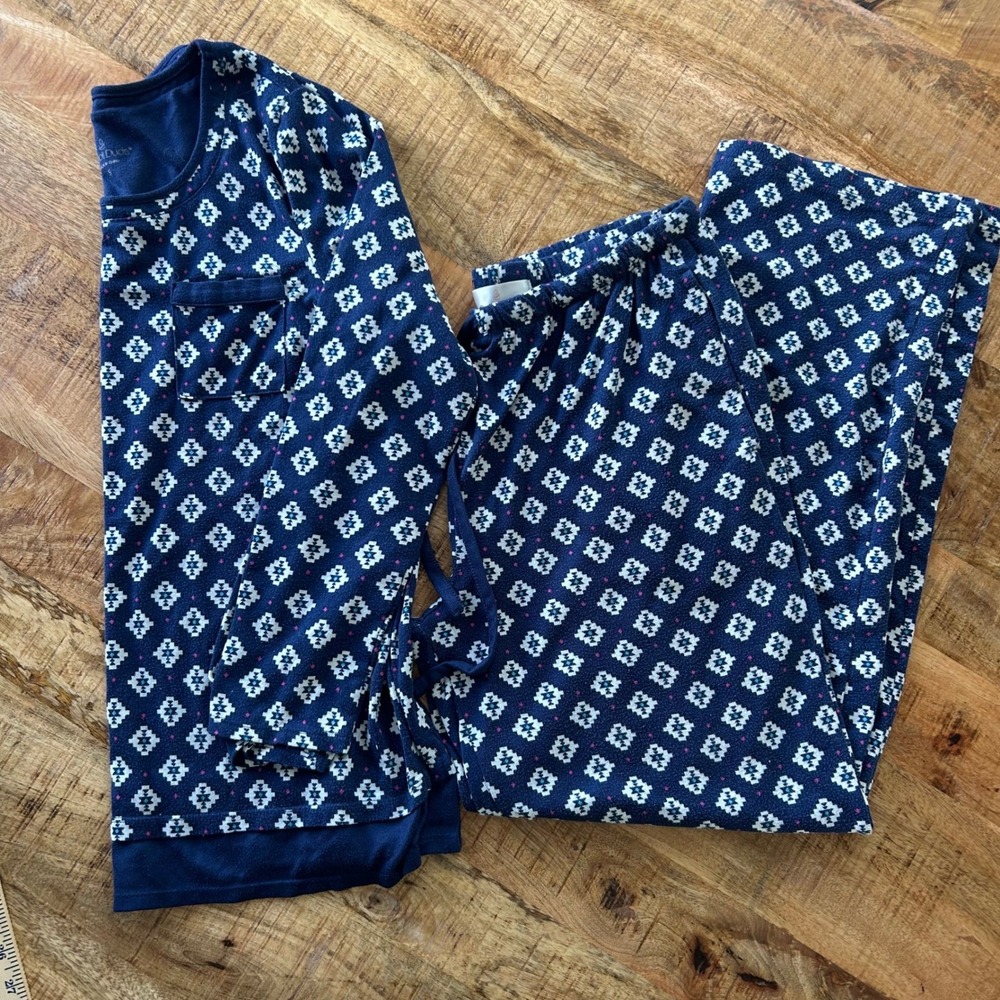 Cuddl Duds Pajama Set Womens Small Navy Blue Geometric Diamond Print 2pc Lounge